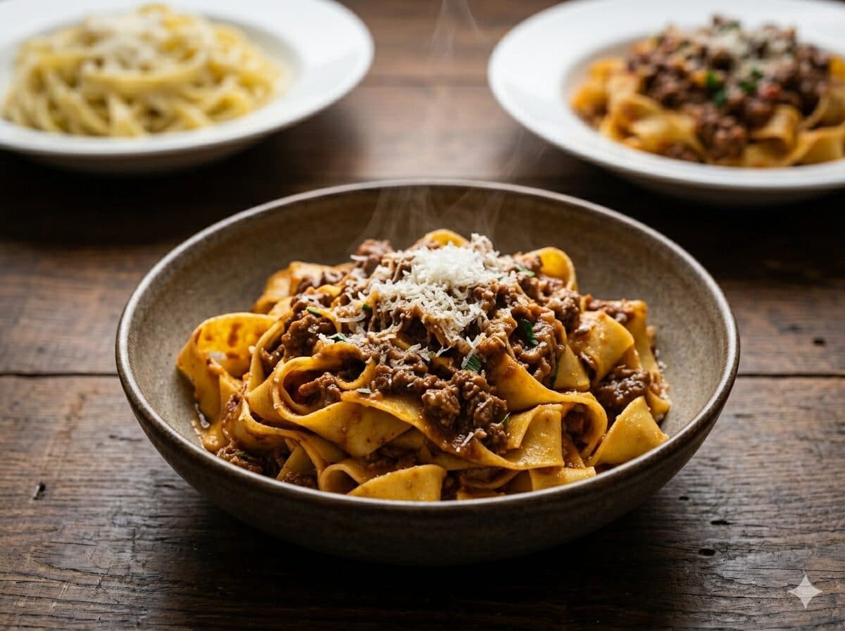 Plato de pappardelle con ragù bolognese y parmigiano rallado