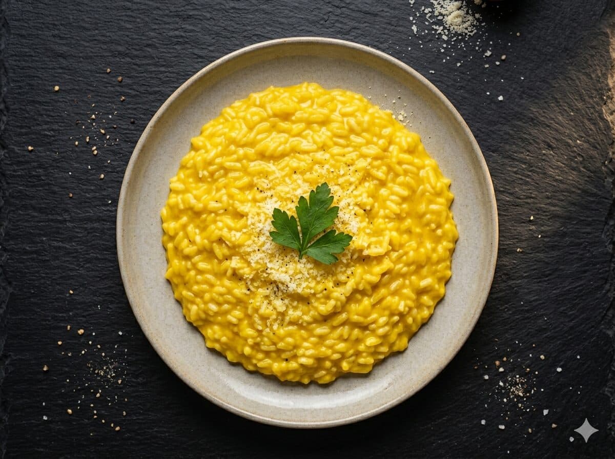 Plato de risotto alla milanese dorado con hebras de azafrán y parmigiano