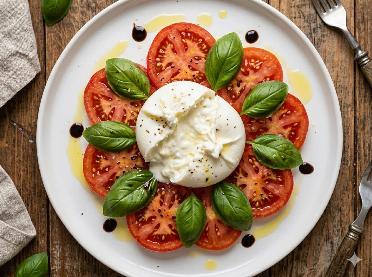 Insalata caprese con burrata, tomate perita y albahaca fresca