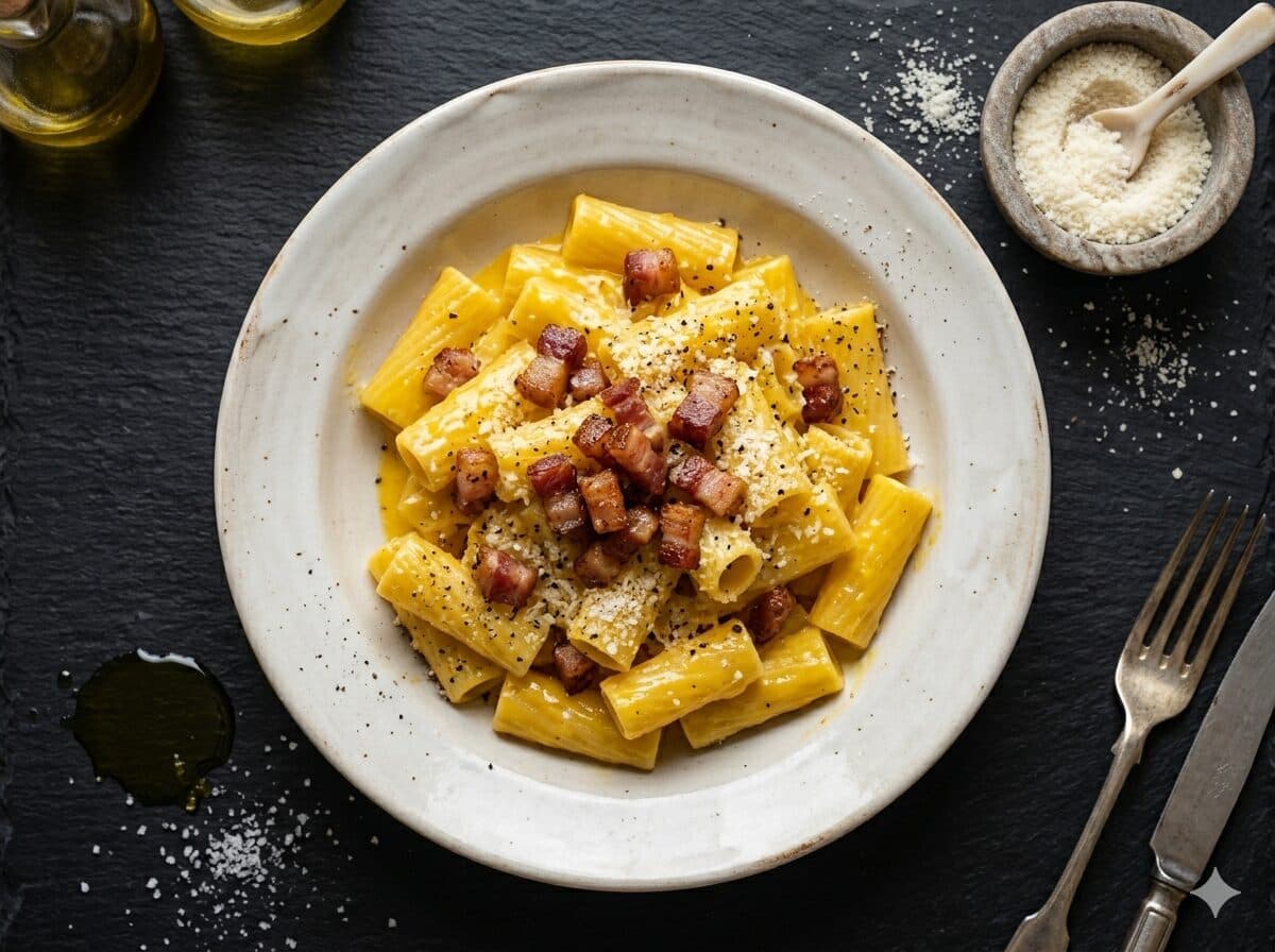 Plato de pasta carbonara romana con guanciale, yema y pecorino