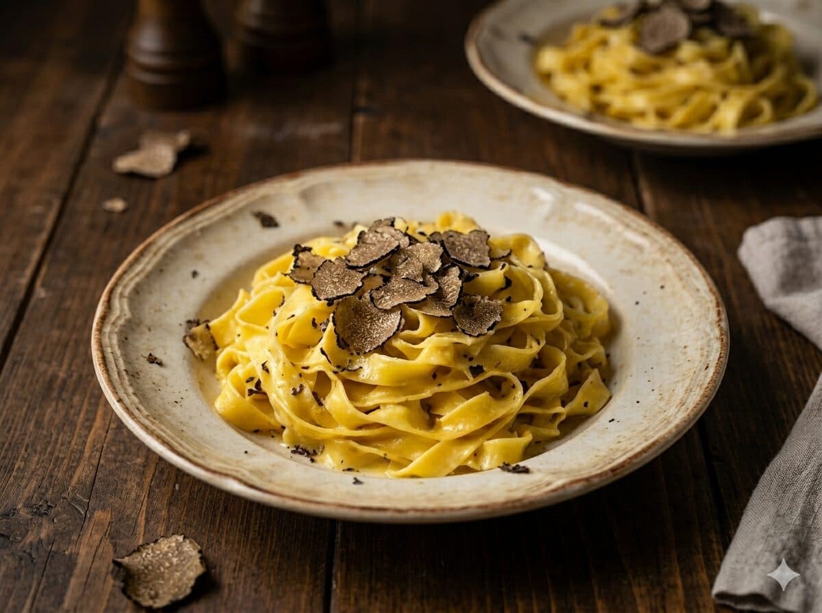 Plato de tagliatelle al huevo con crema de tartufo y lamelle de trufa negra