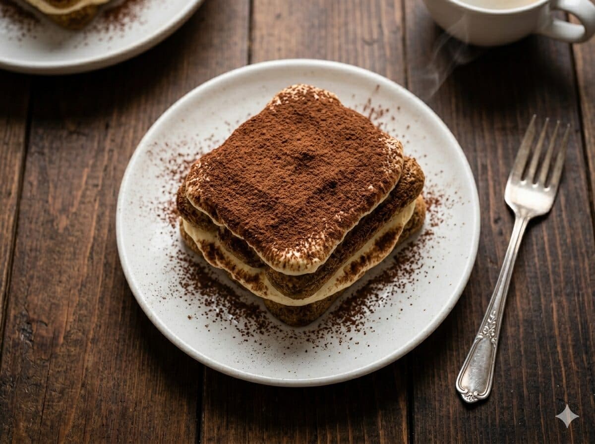 Porción de tiramisú casero con capa de cacao amargo sobre crema de mascarpone